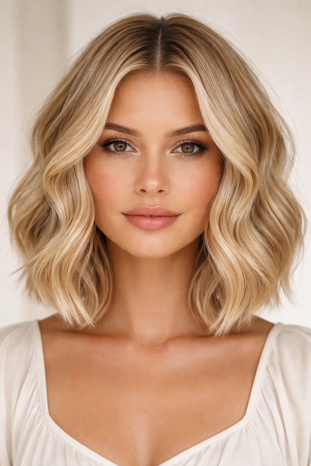 Symmetrical wavy blonde bob with even length all around