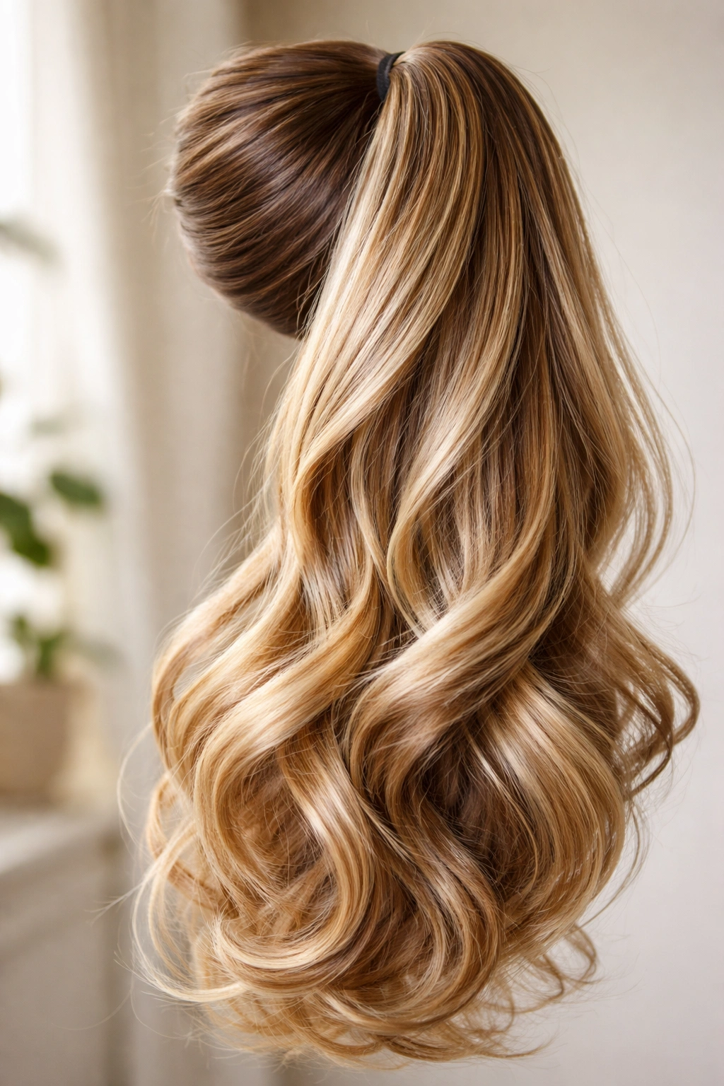 Close-up of a glossy synthetic ponytail extension on a neutral background
