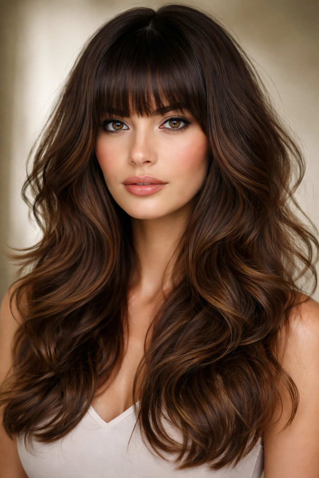 Tailored butterfly haircut with blunt bangs and textured waves framing the face.