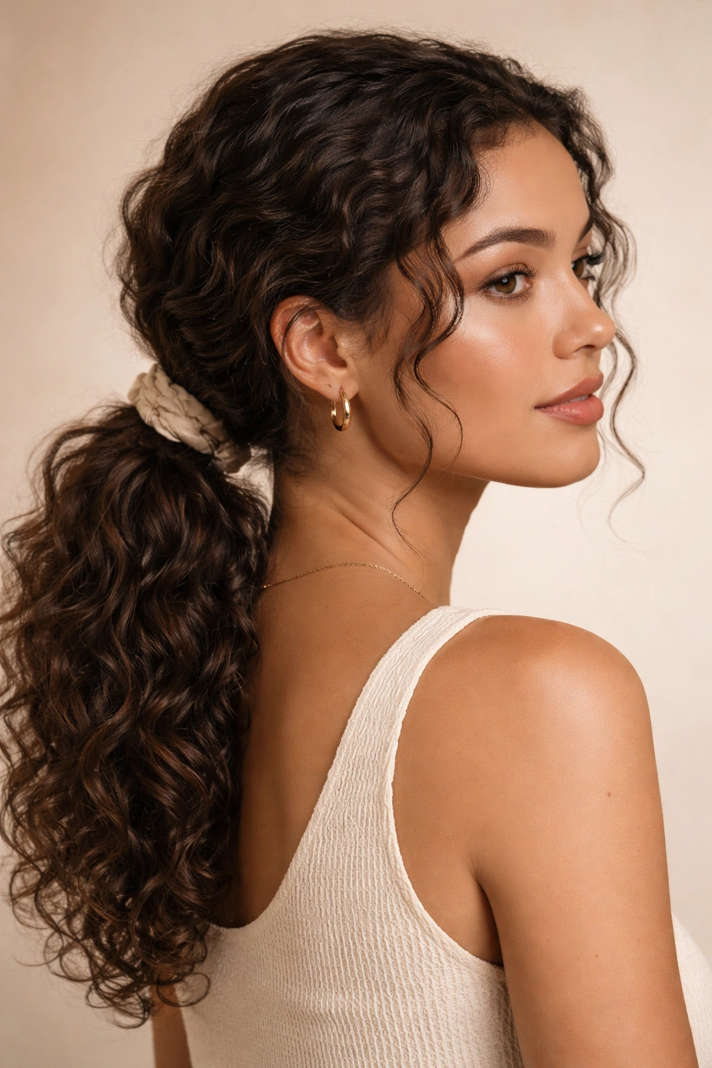 Portrait of textured low ponytail highlighting effortless polish