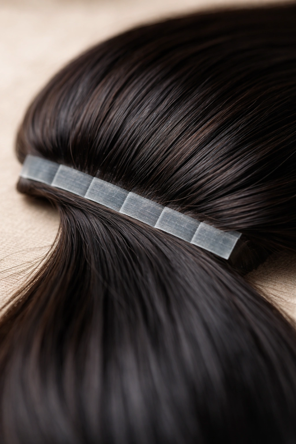 Close-up of tape-in ponytail extension with adhesive tape
