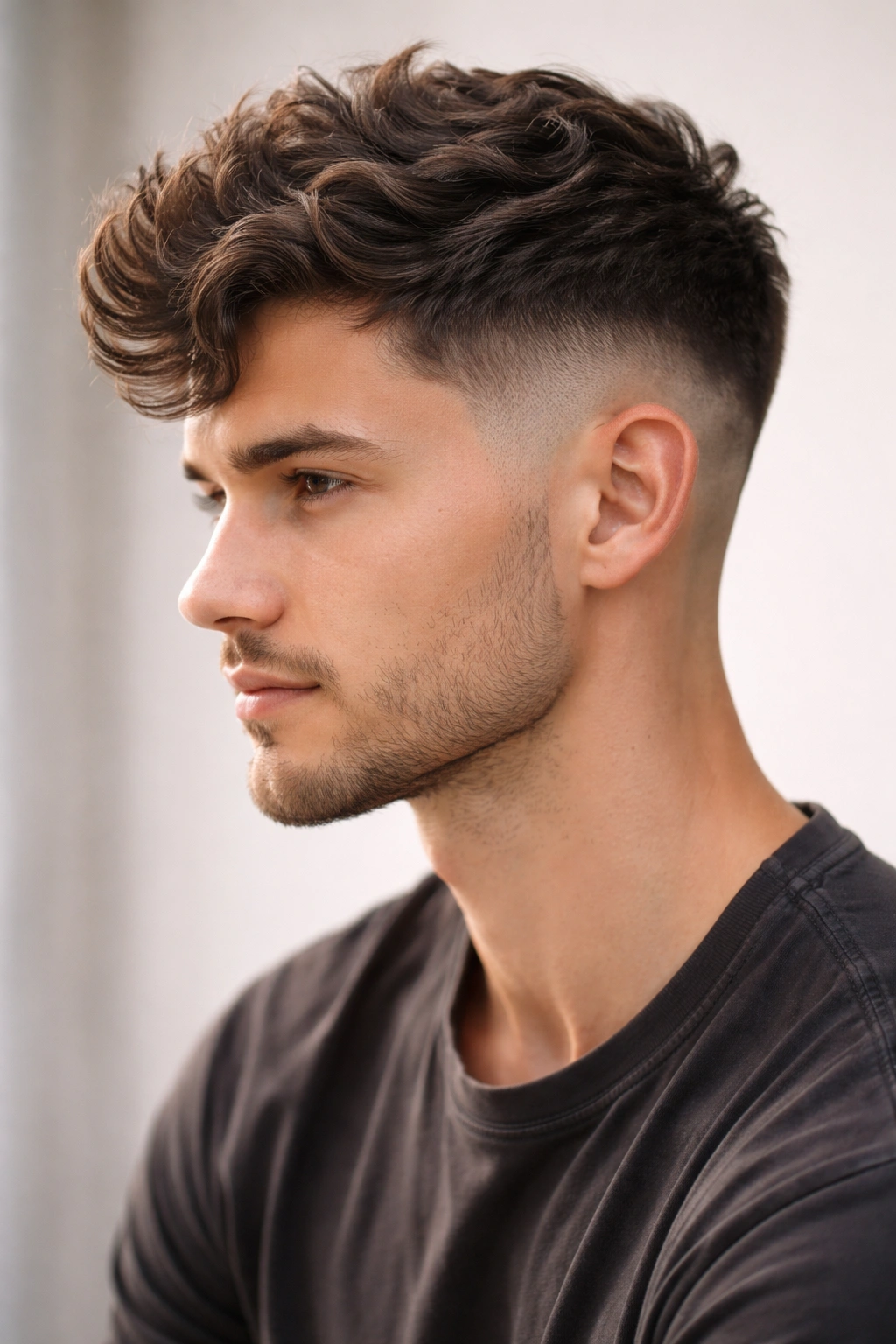 Taper fade with textured waves on top in a portrait