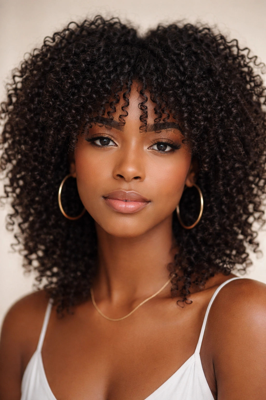 Front close-up of tapered coily bangs with center-short, side-long silhouette