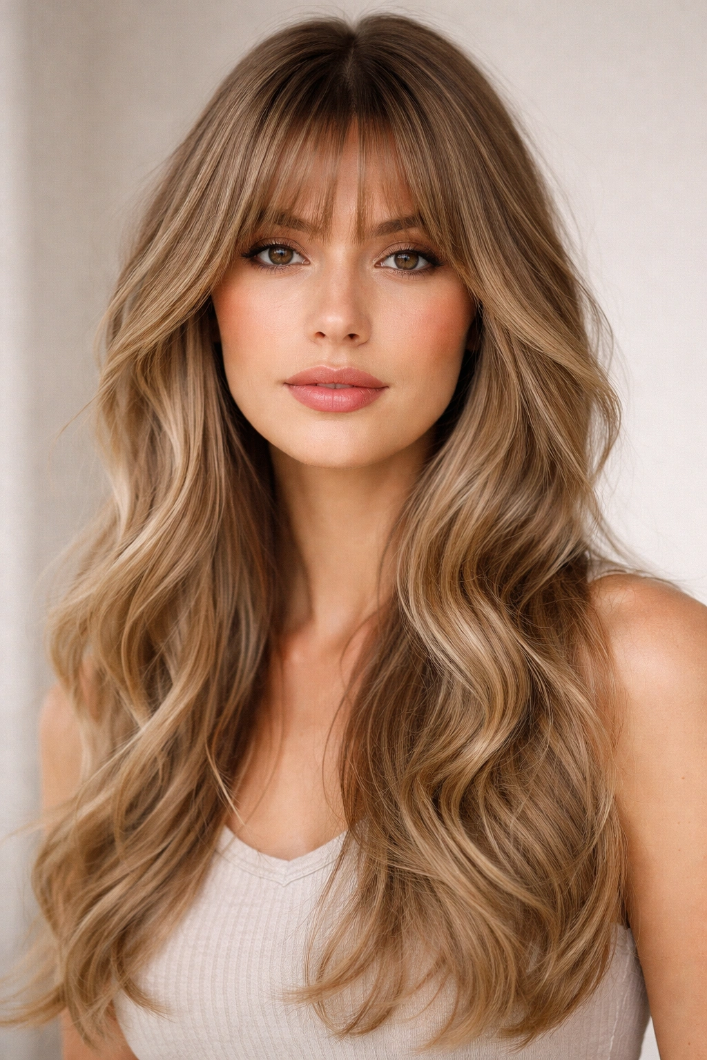 Close-up portrait of a person with tapered bangs blending into long wavy layers under soft studio lighting