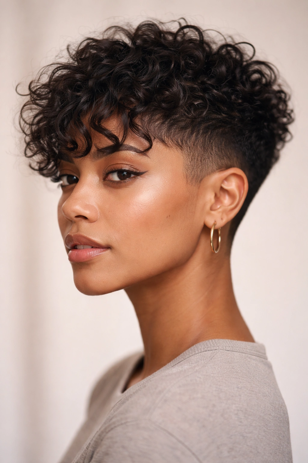 Close-up of a head with a tapered fade and curved bangs on curly hair in a neutral studio