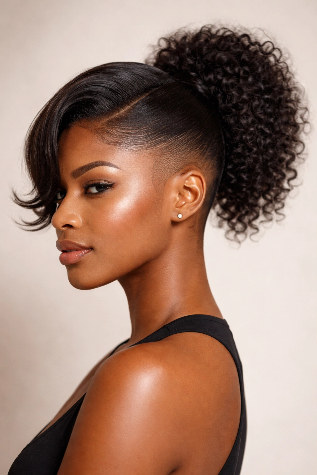 Profile view of a person with a tapered fade and smooth swoop, top textured ponytail.