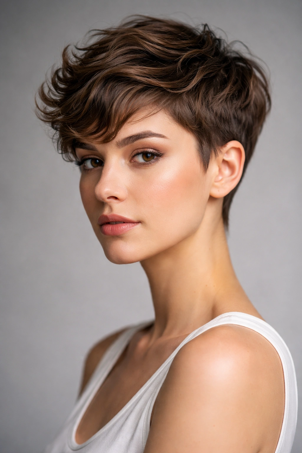 Tapered pixie with longer top and pronounced crown waves.