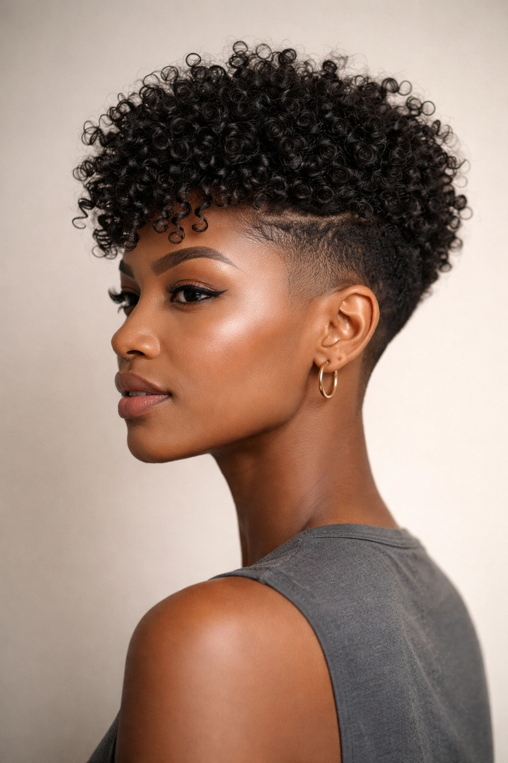 Profile view of a tapered coily cut with an undercut and top curls