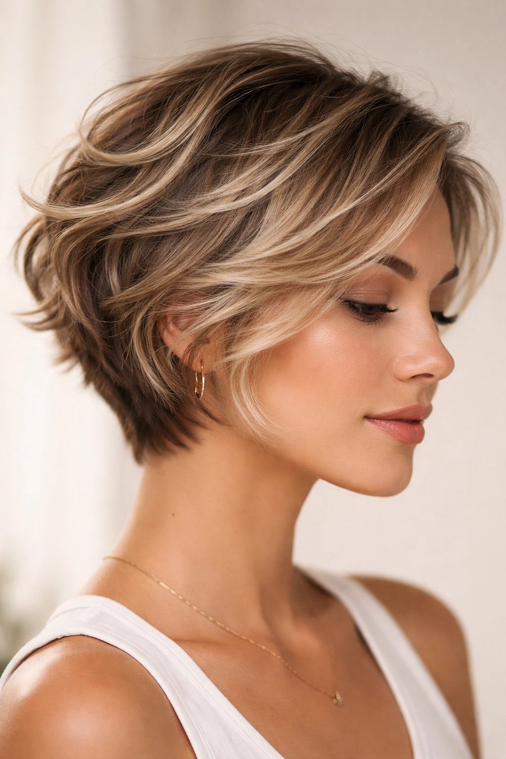 Tapered wave hairstyle with blonde babylights