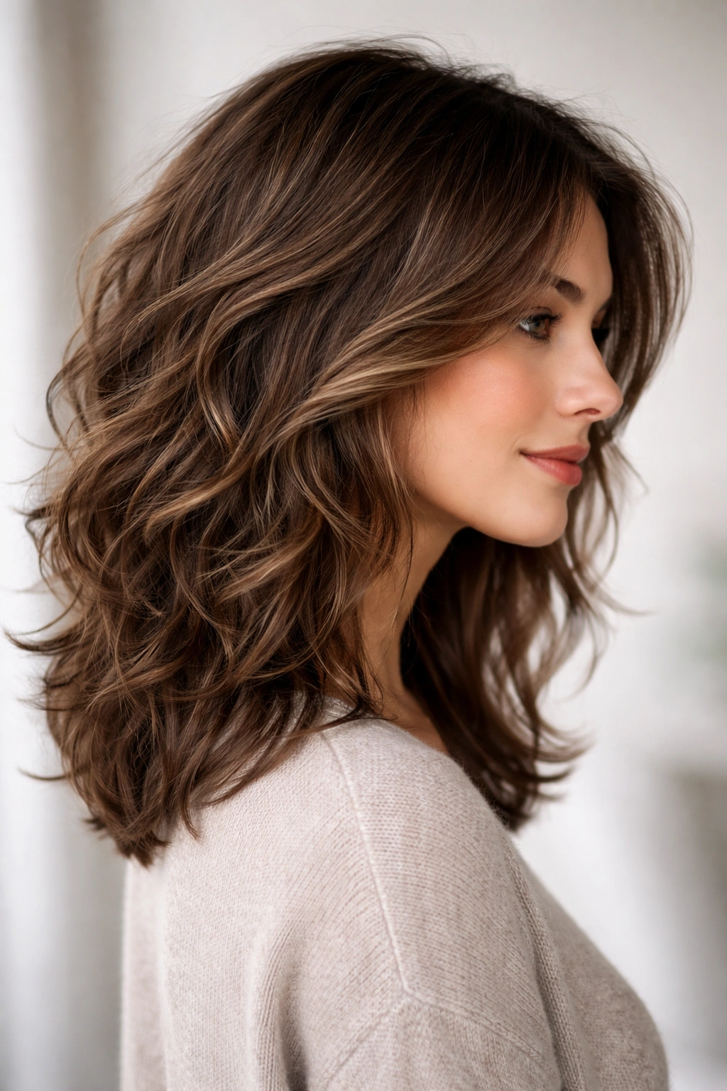 Close-up of medium tapered waves with back reduced bulk and face-framing front