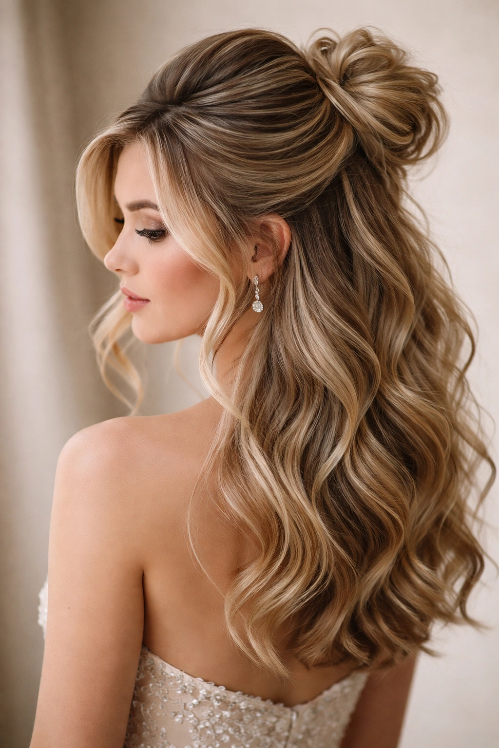 Close-up of voluminous teased half-up bun with face-framing pieces
