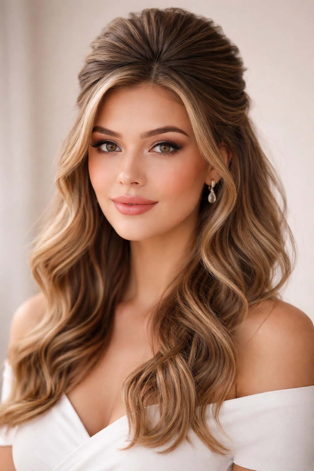 Teased crown half-up hairstyle with high volume
