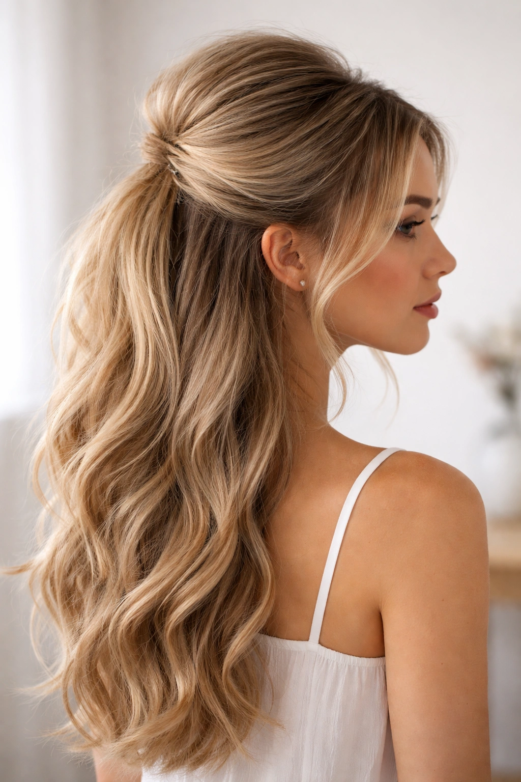 Teased crown giving volume to half up hairstyle