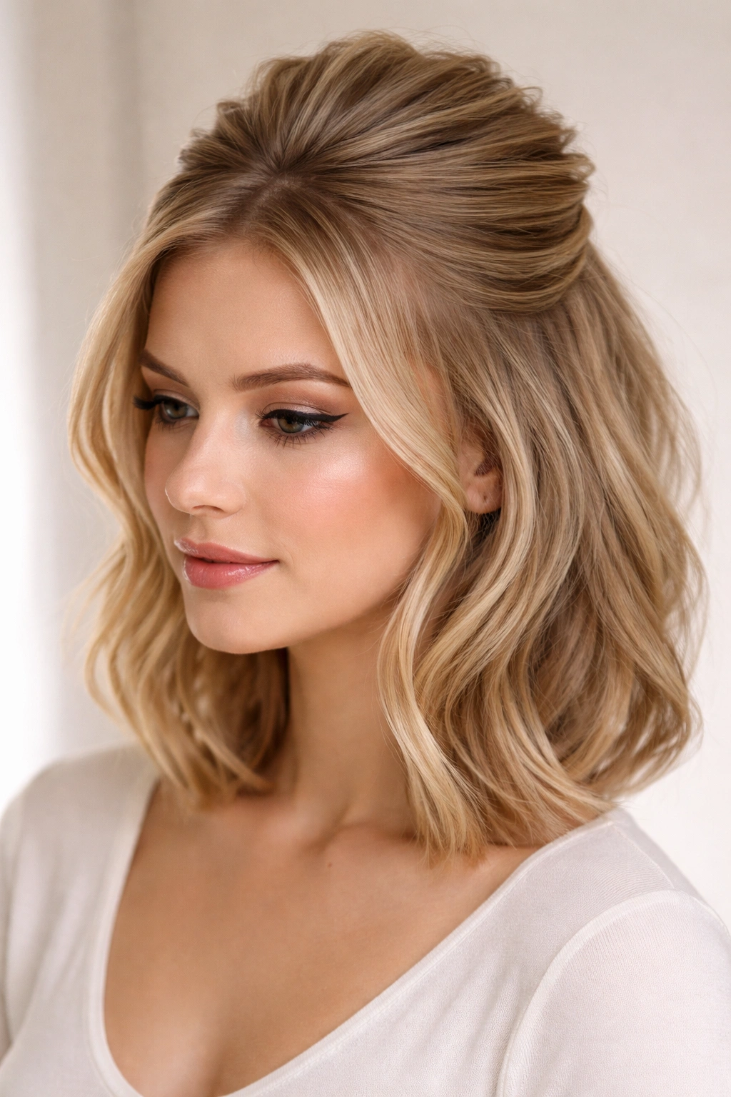 Top view of a teased crown creating height in a half-up hairstyle