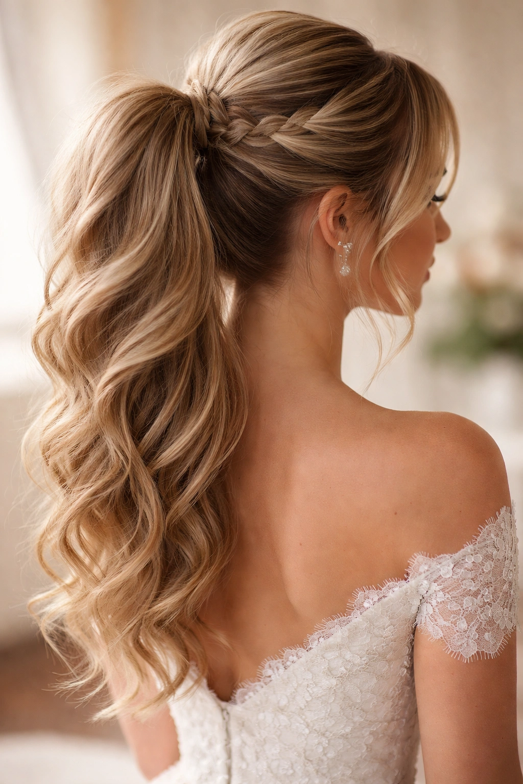 Teased crown ponytail with braid detail and high volume