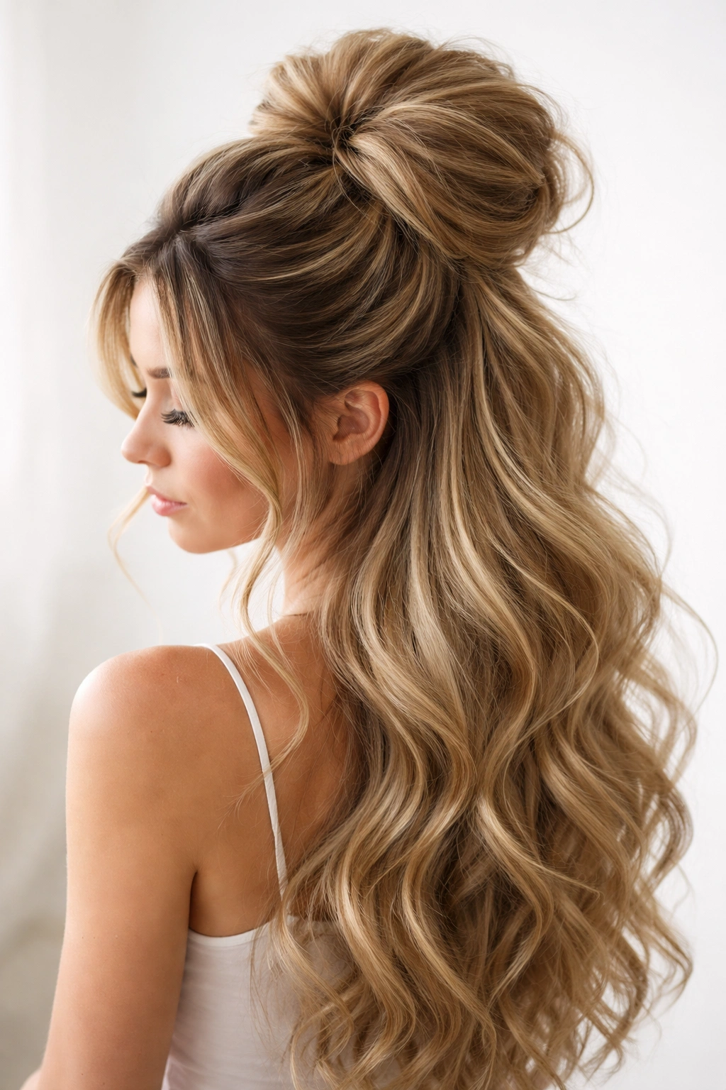 Ultra-detailed view of a voluminous teased half-up bun with height and texture