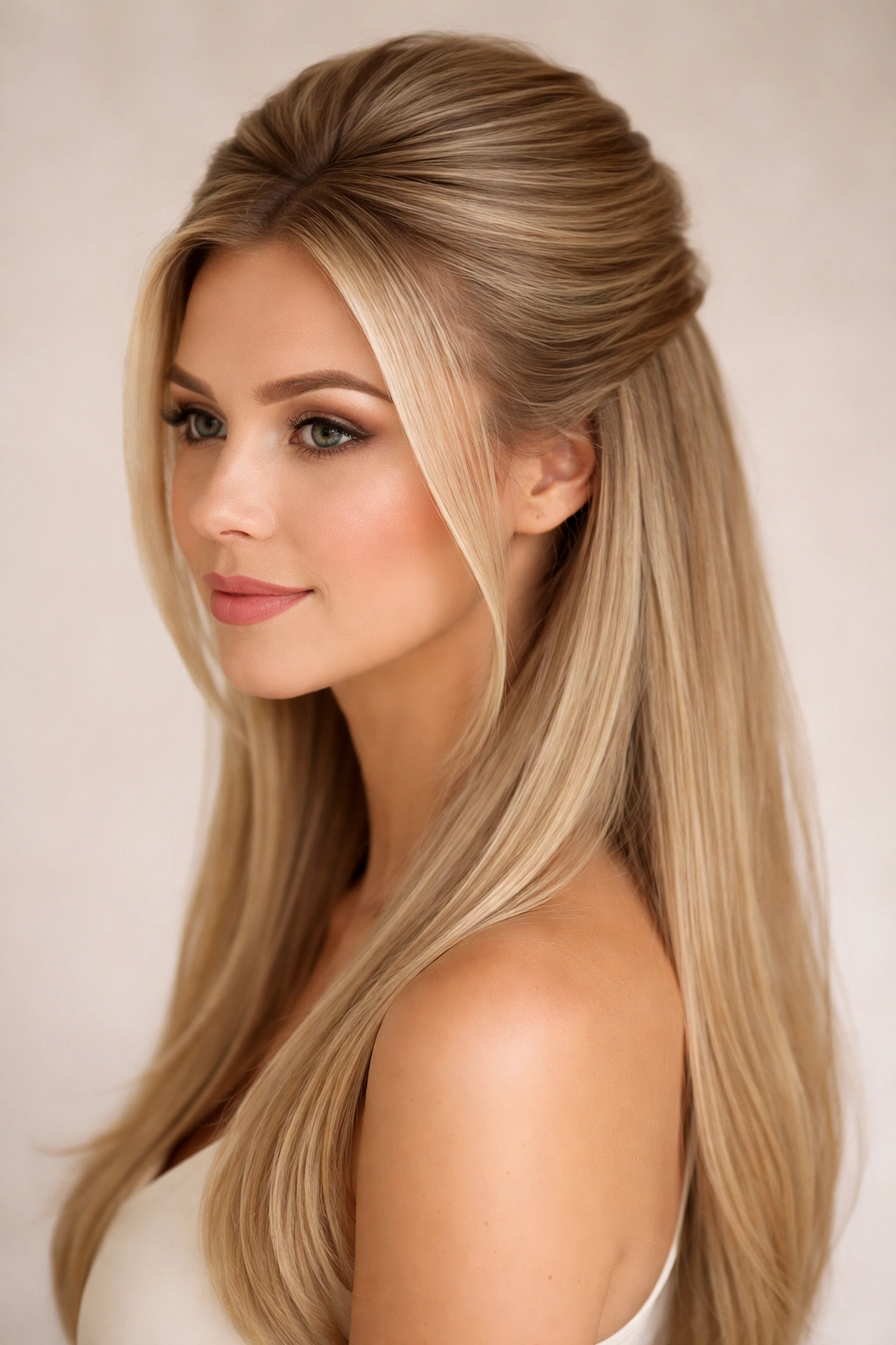 Close-up of a model with subtle crown teasing forming volume for a half-up style on straight hair