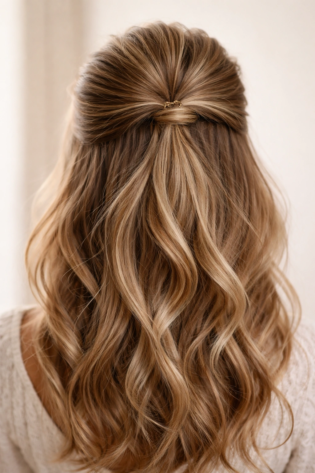Teased crown with voluminous half-up hairstyle