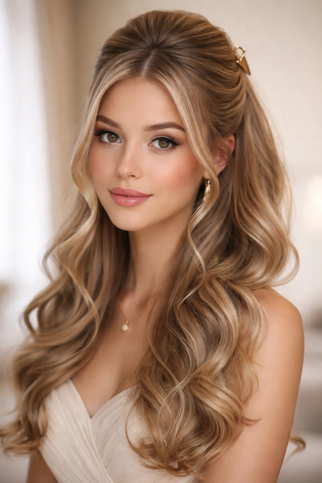 Hair with light teasing at crown and soft curls, half-up secured with a clip.