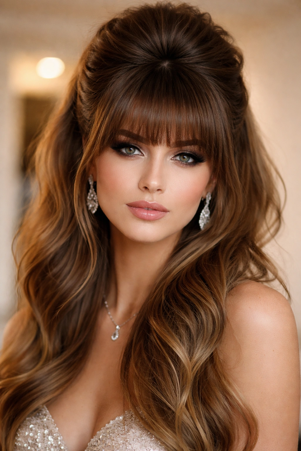 Portrait of voluminous teased half up with thick bangs.