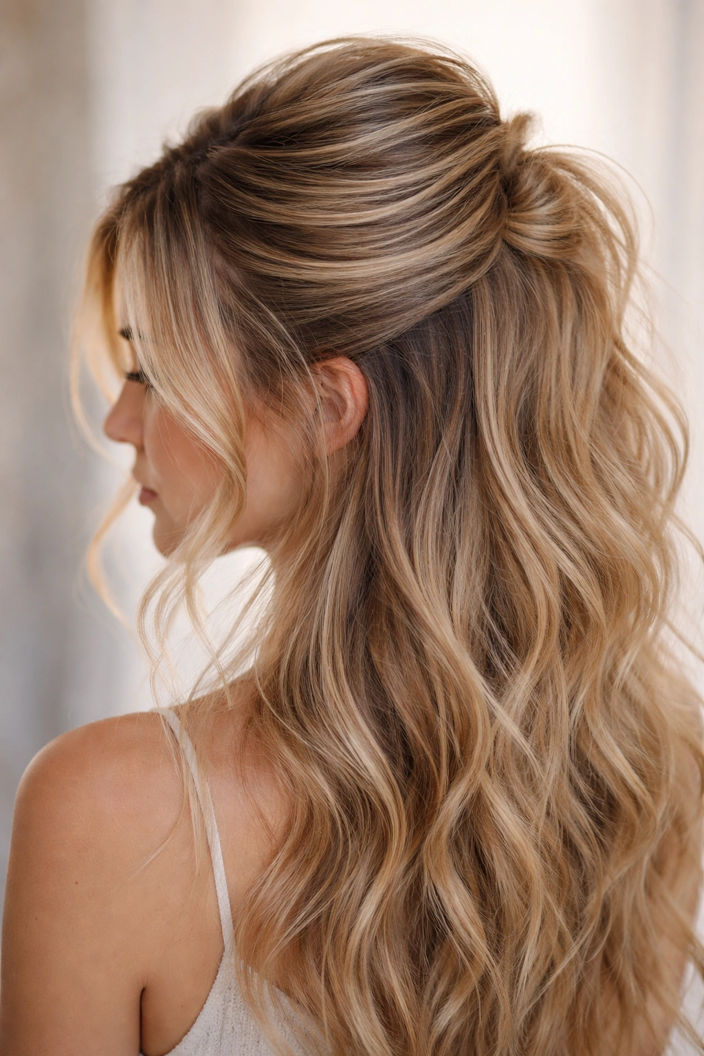 Crown with backcombed volume in a half-up hairstyle, wispy face-framing pieces.