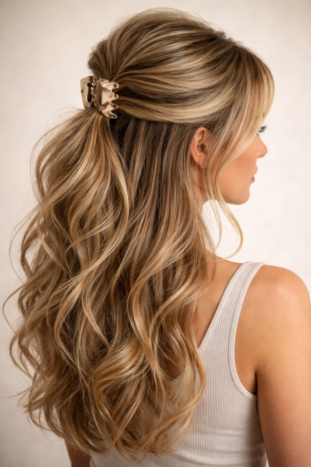 Teased voluminous half up hairstyle with clip securing top section