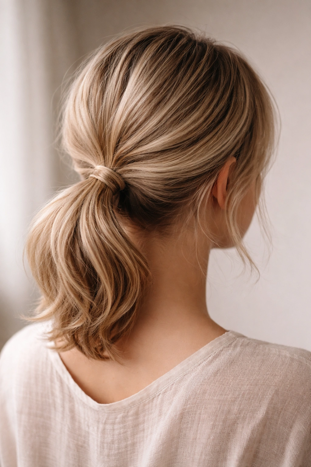 Back view of teased crown and low ponytail with volume on short hair