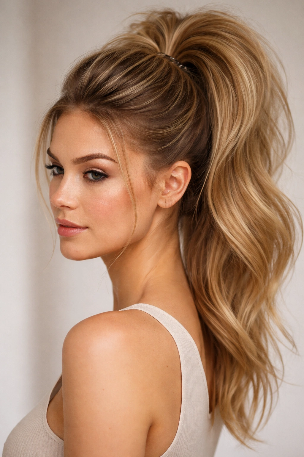 Close-up of teased high ponytail with hidden pins showing textured crown and secure grip