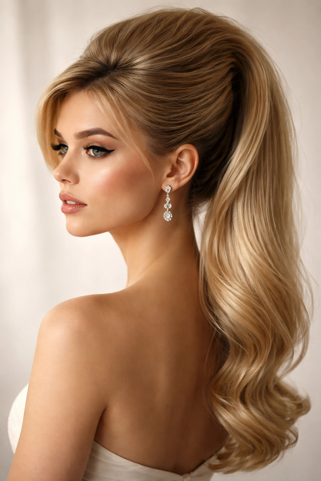 High-volume crown with teased roots flowing into a smooth ponytail for a vintage look.