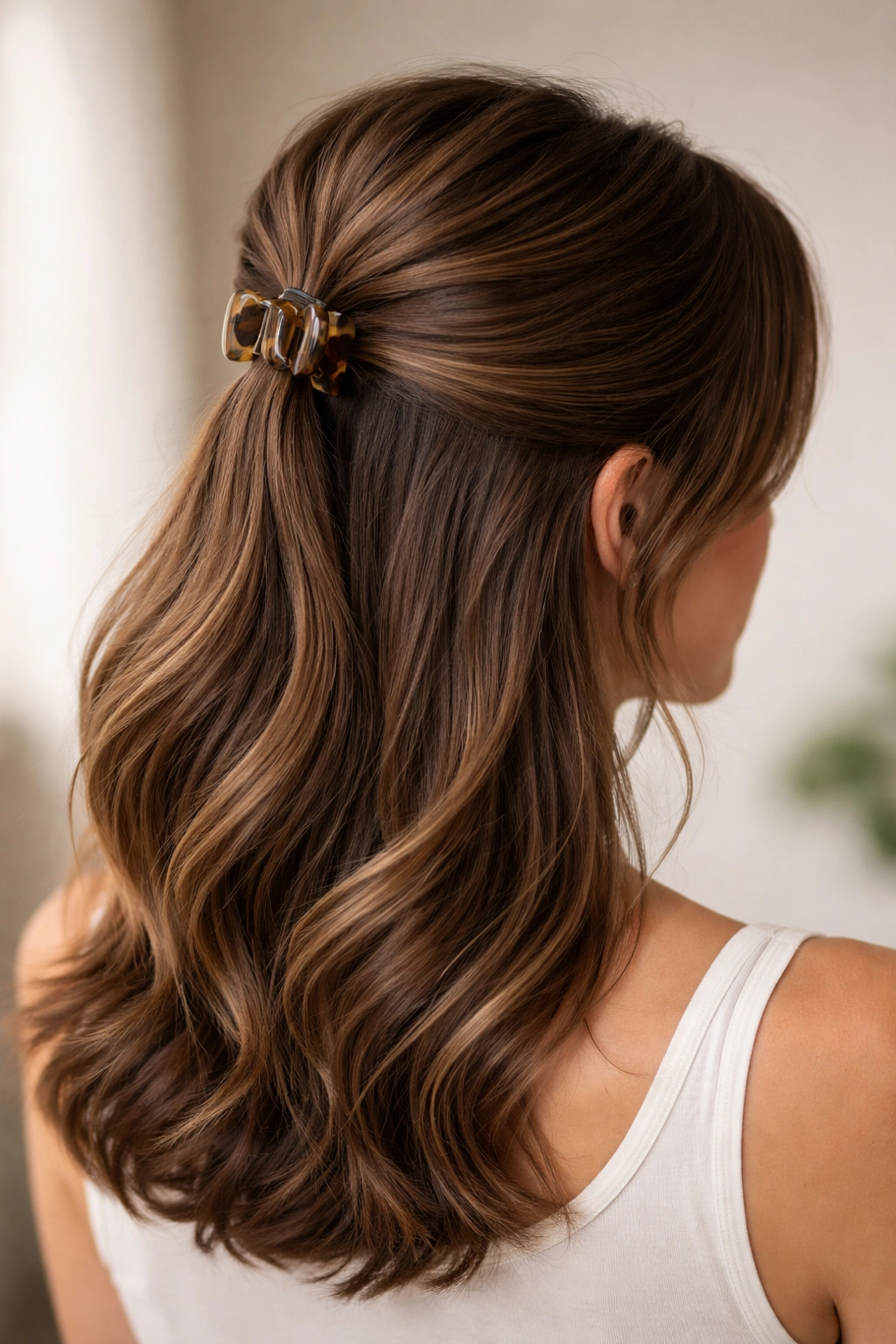 Crown-volume teased hairstyle secured with claw clip, top smooth