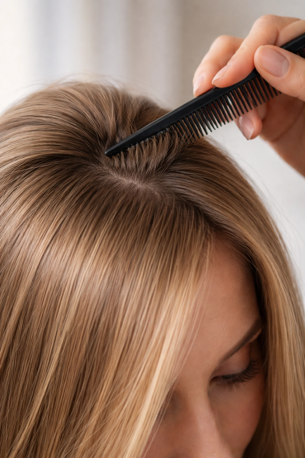 Close-up of crown with subtle teasing texture created by a fine comb