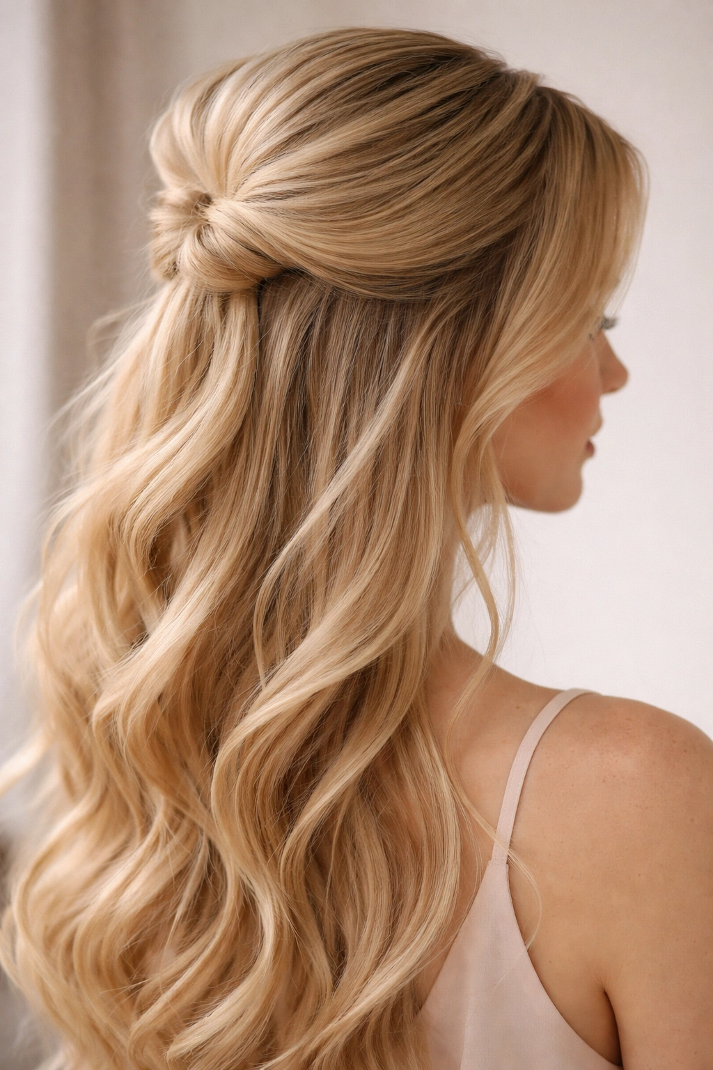 Close-up of a voluminous teased crown in a half-up hairstyle