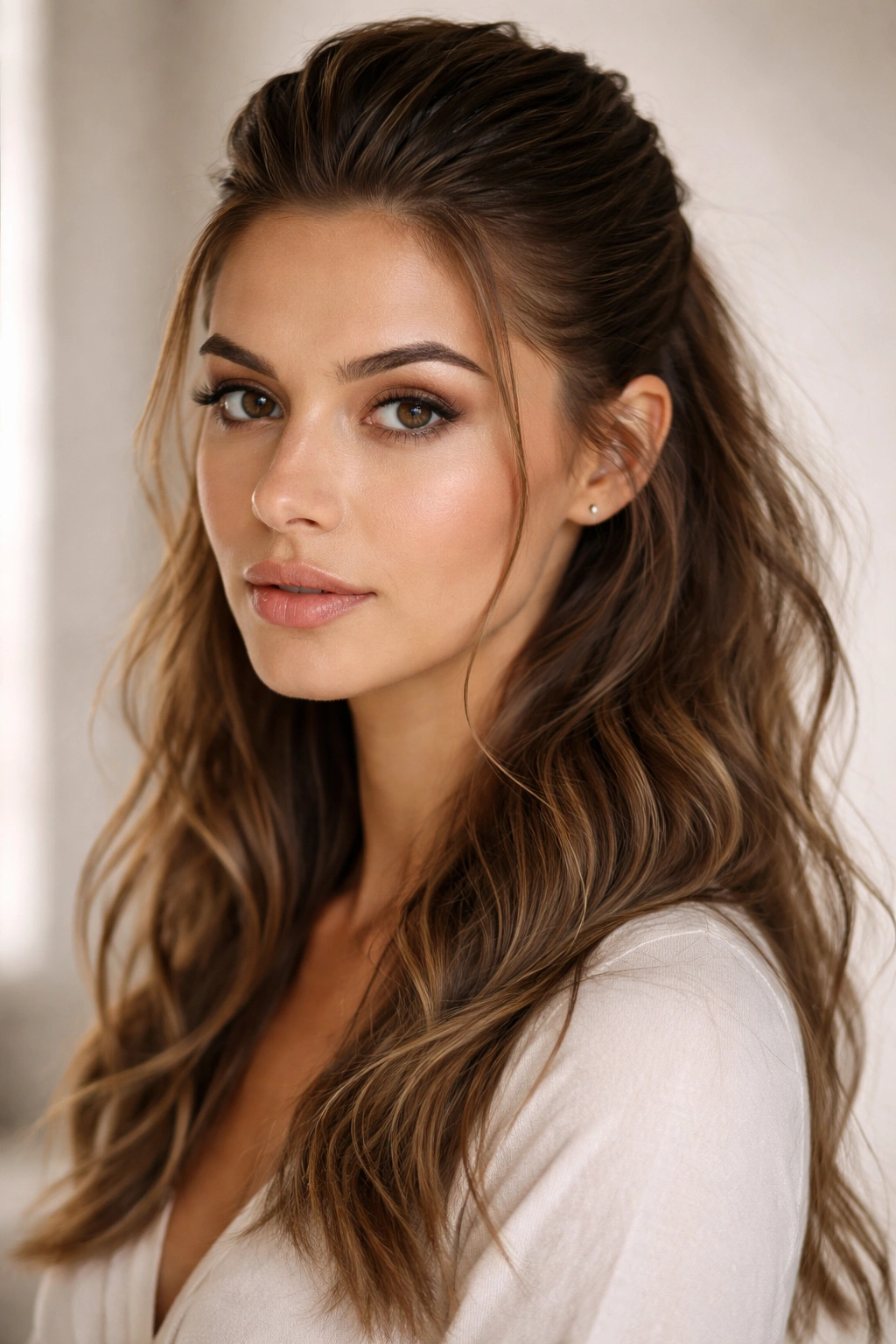 Slicked-back top with textured flyaways and loose waves underneath