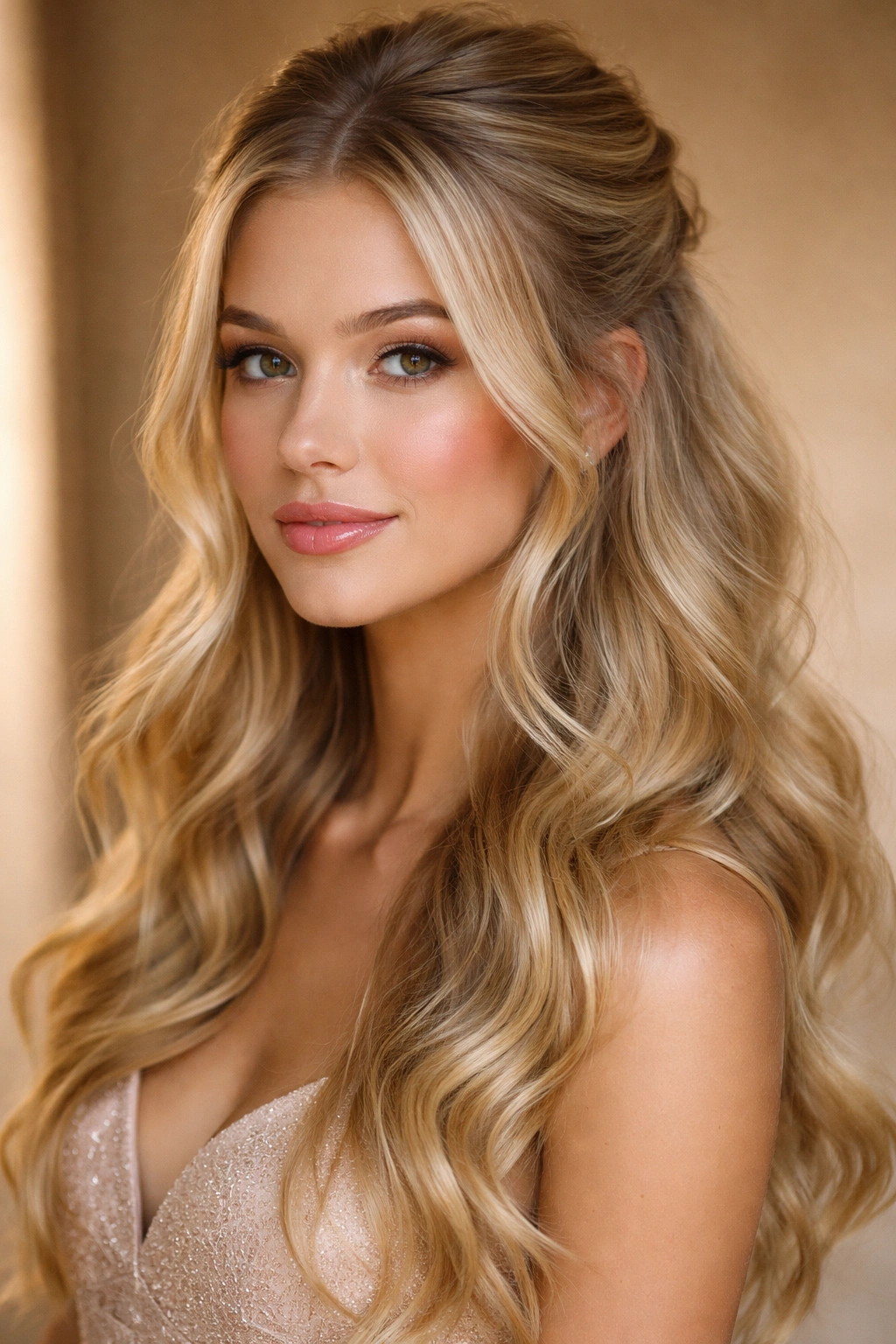 Close-up portrait of a blonde model with a textured half-up hairstyle and face-framing pieces