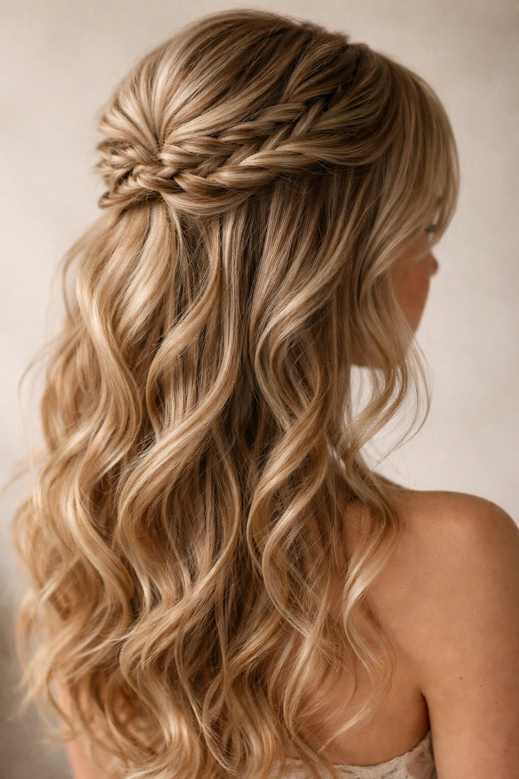 Close-up of a fine-hair half-up hairstyle with layered texture and volume