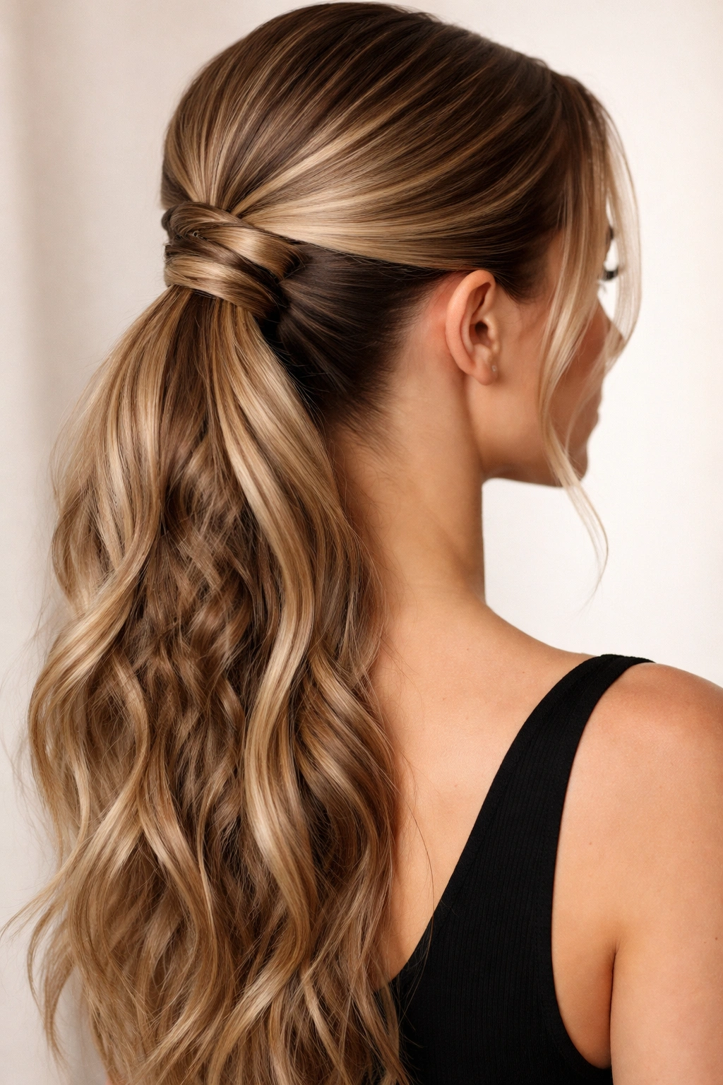 Double weave ponytail with layered smooth and textured sections