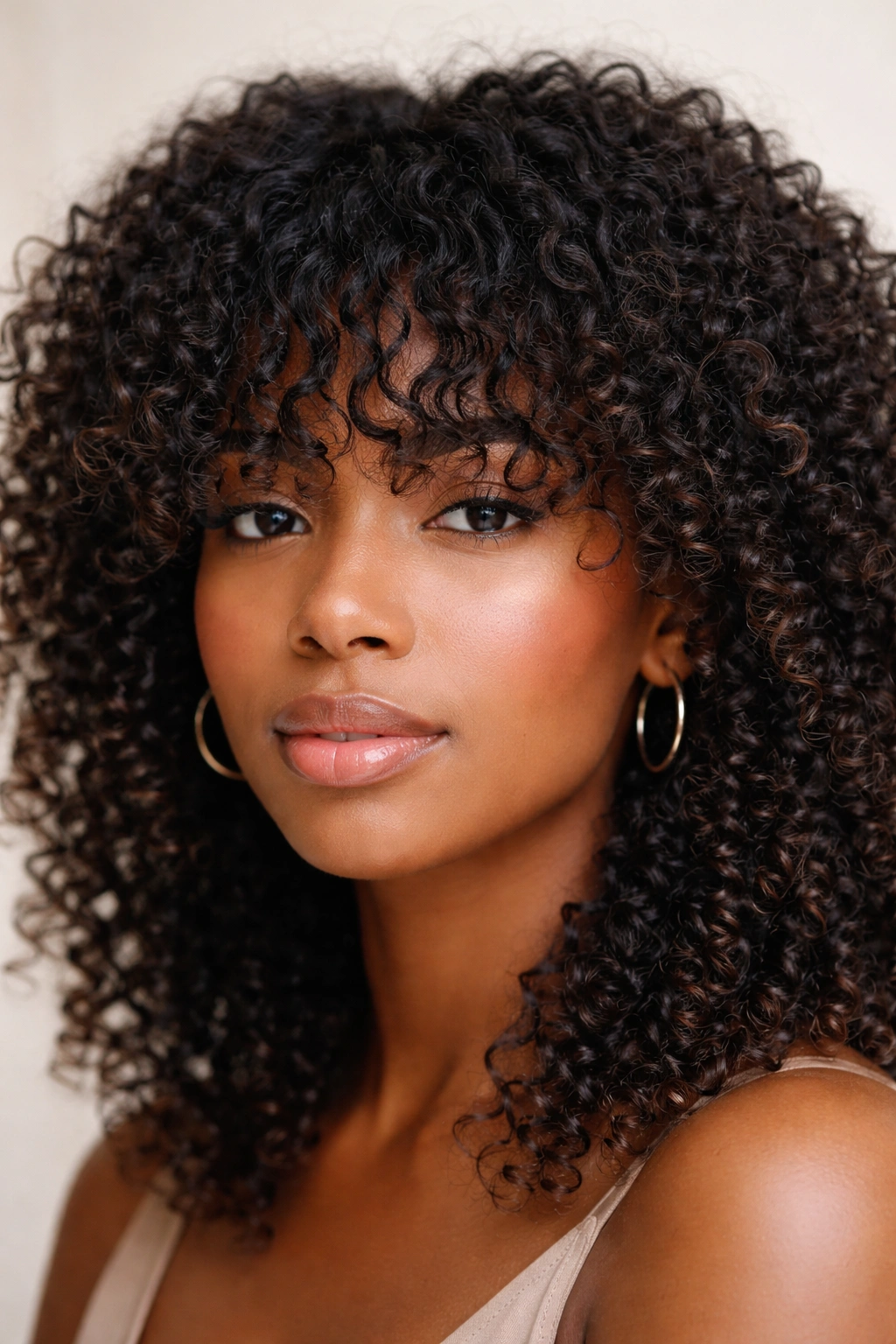 Close-up of textured wispy bangs on coily hair highlighting uneven layers and curl variation