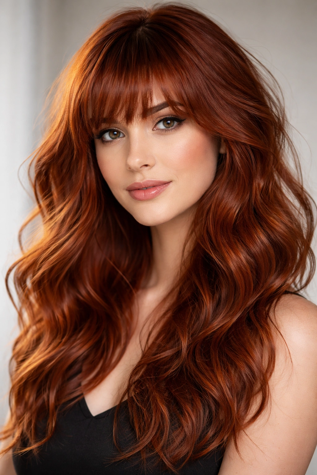 Close-up of textured bangs with side-swept waves on red hair