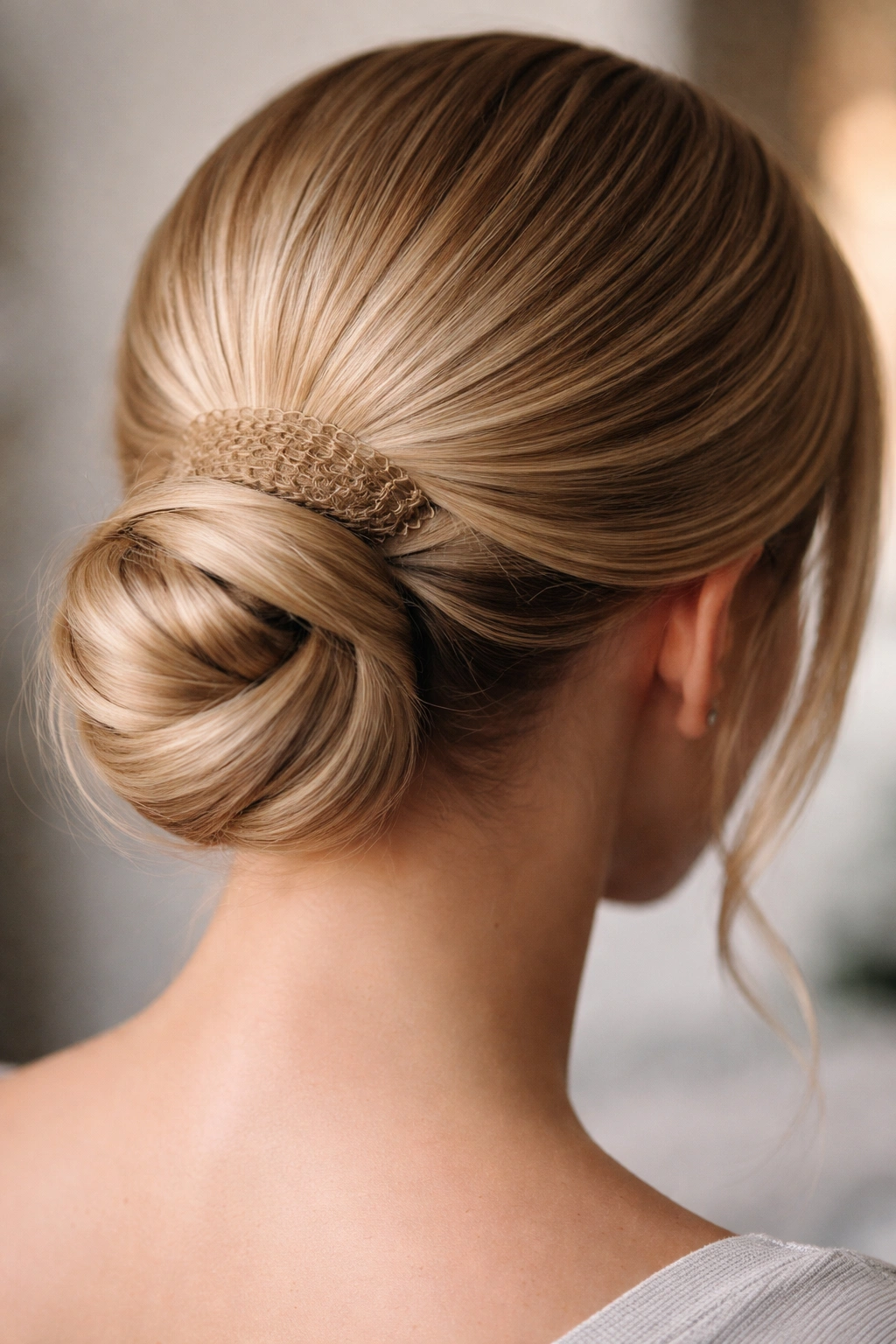 Low bun showing textured crimped base for grip with pins