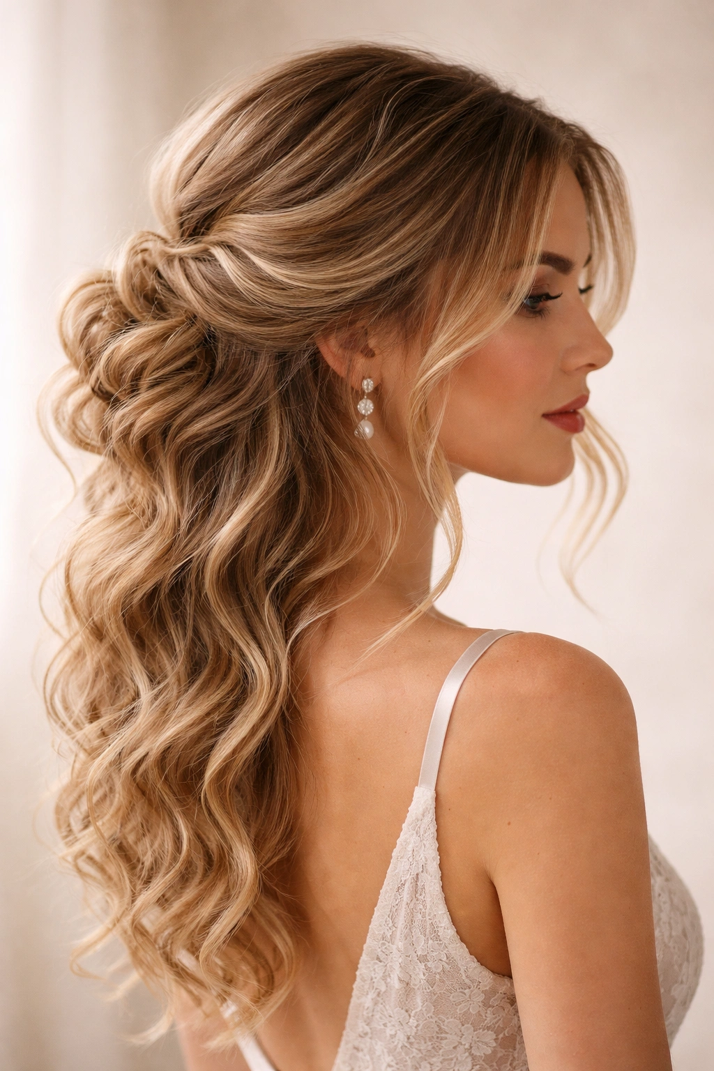 Textured beach waves blended into an elegant low updo.