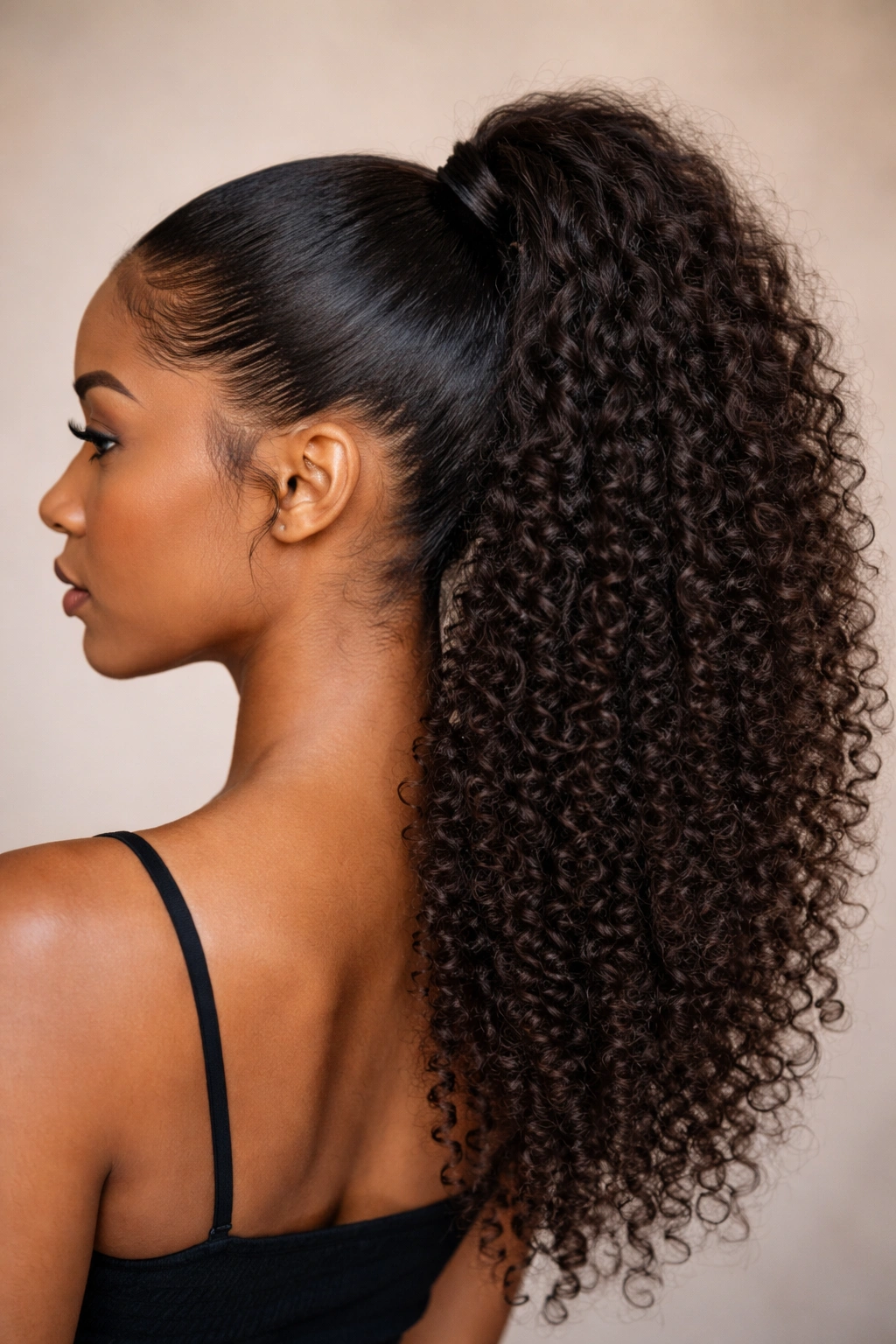 Close-up of a high ponytail blending natural curls with matched weave for seamless texture