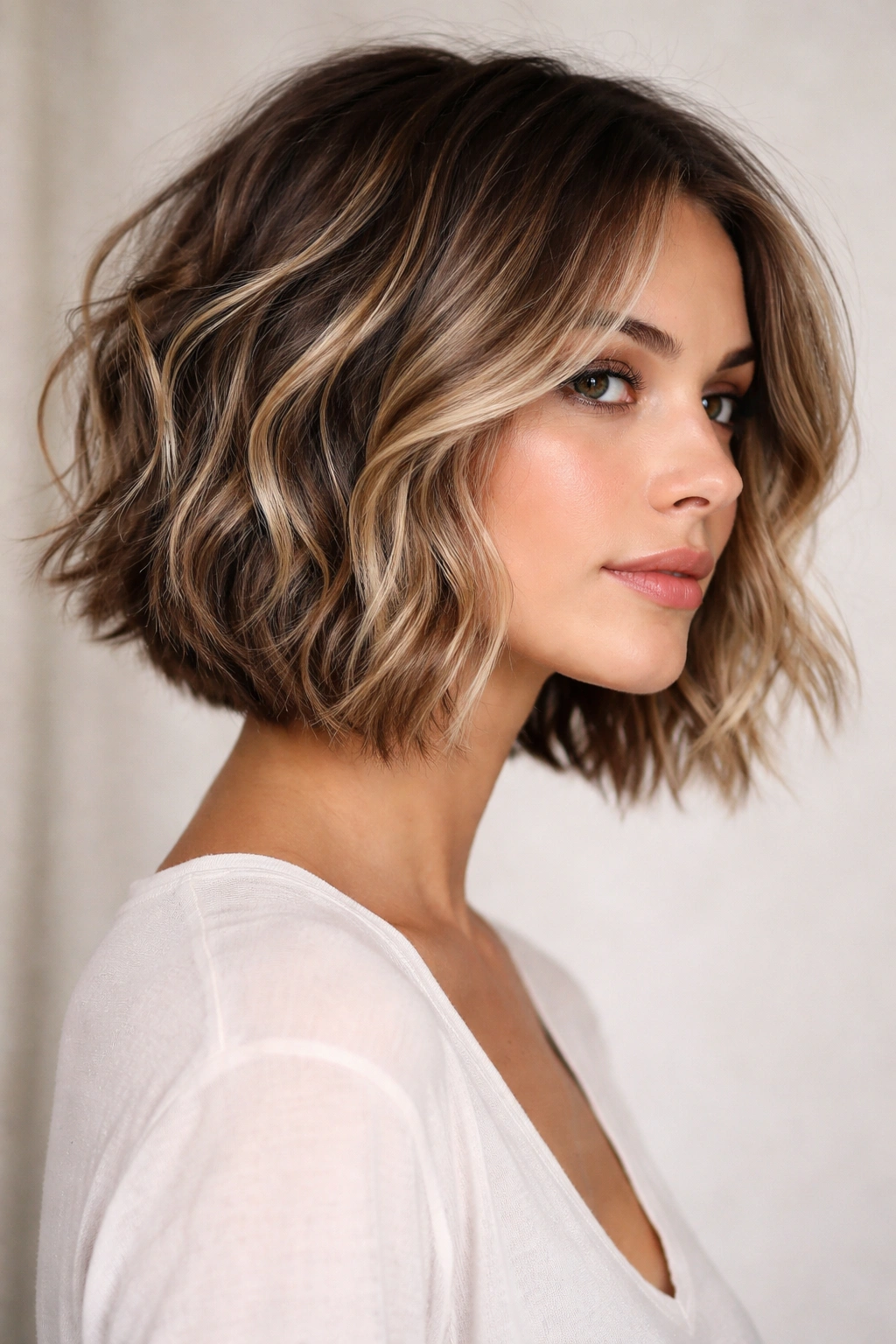 Textured chin-length bob with piece-y balayage layers and light highlights.