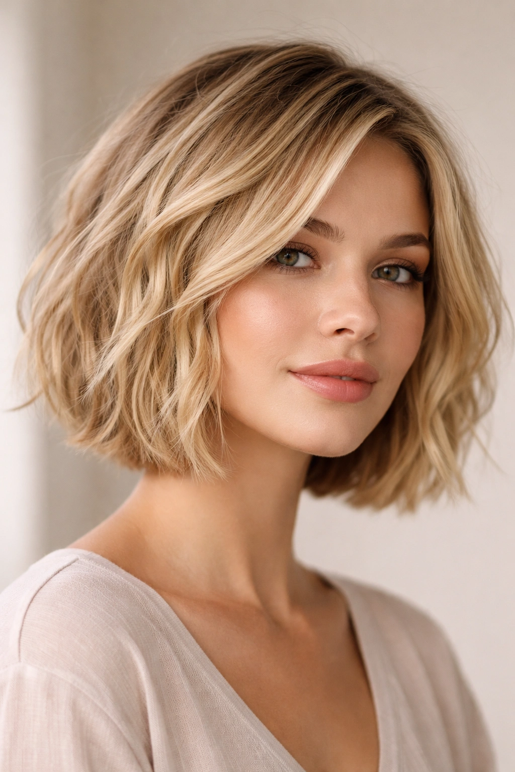 Close-up of a chin-length blonde textured bob with subtle waves and light-catching dimension.