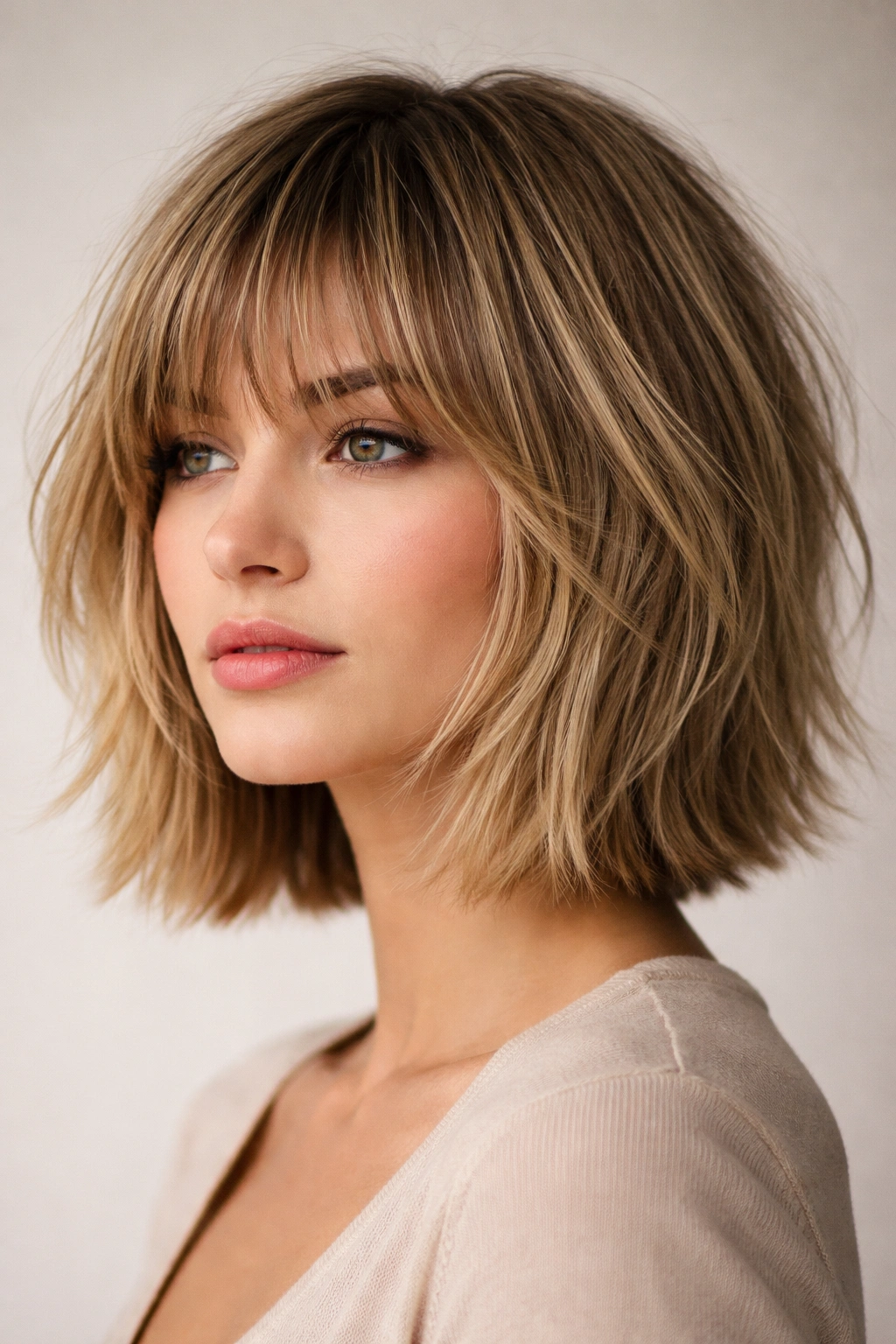 Close-up of textured shag bob with choppy bangs on straight hair.