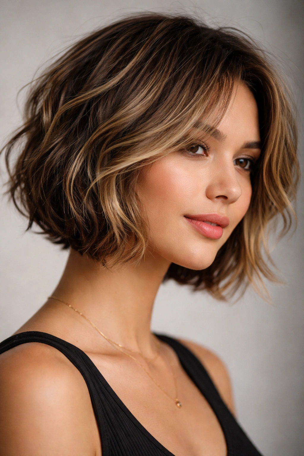 Close-up of a short textured bob with color balayage highlighting texture and shape