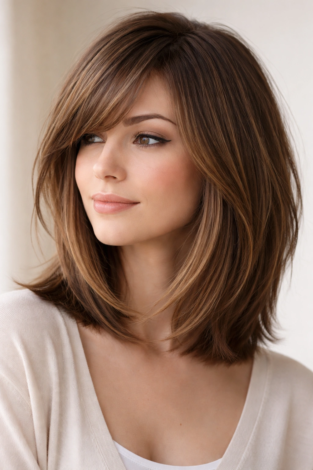 Shoulder-length textured bob with side-swept bangs on straight hair.
