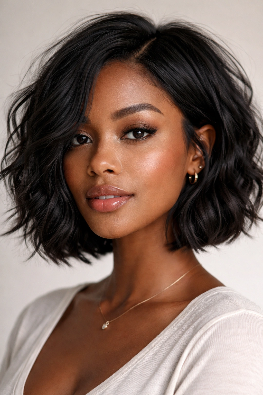 Portrait of a Black individual with a chin-length textured bob and tousled waves.
