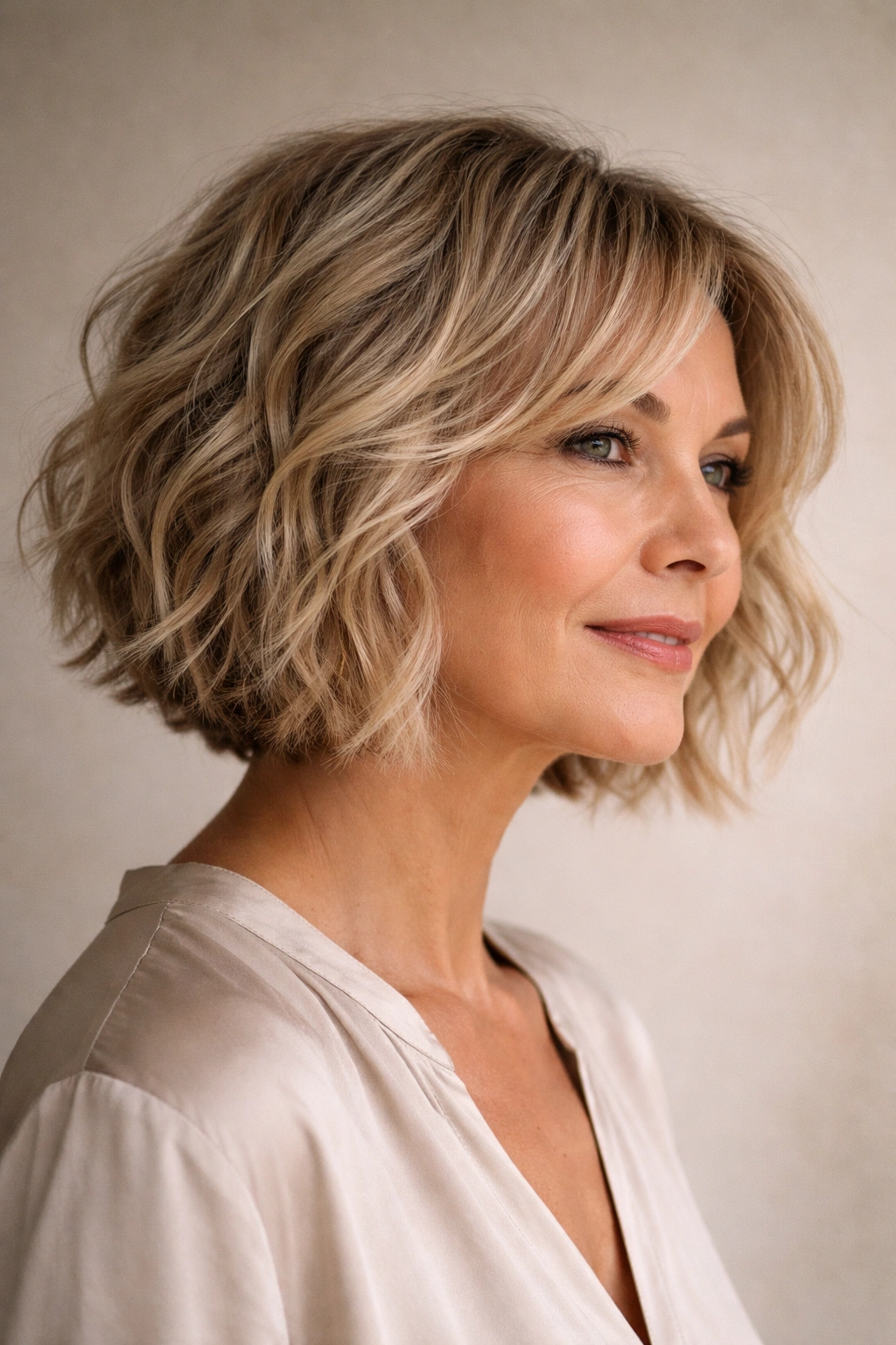 Textured bob with choppy waves at the jawline