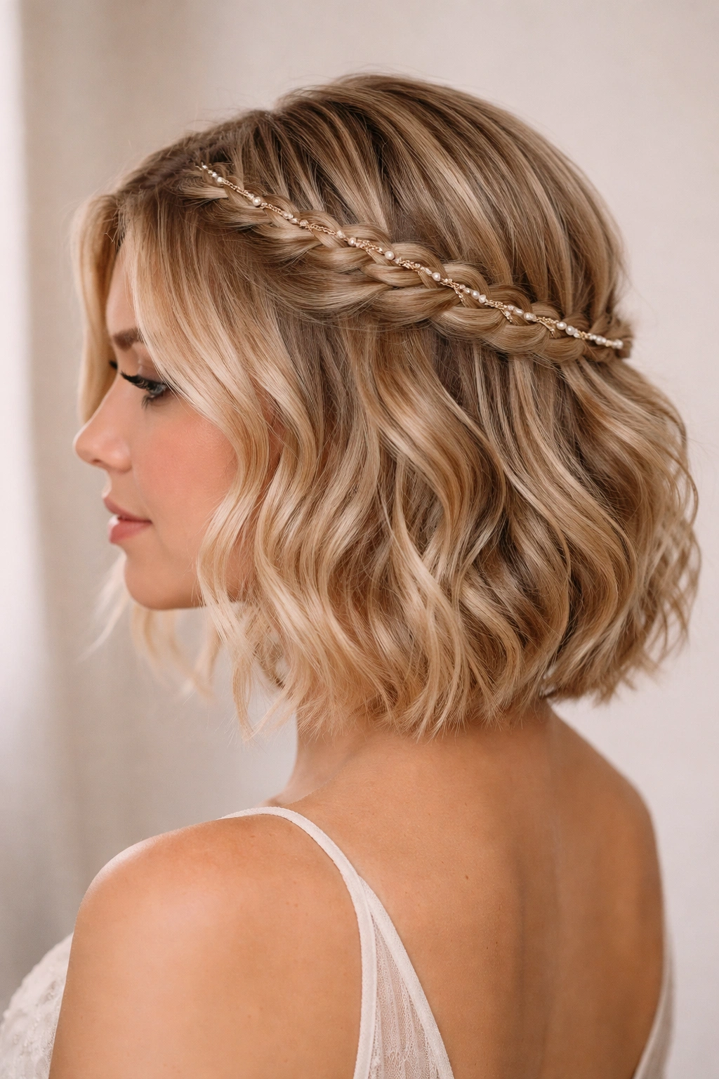 Textured loose braid across crown woven with a ribbon accessory