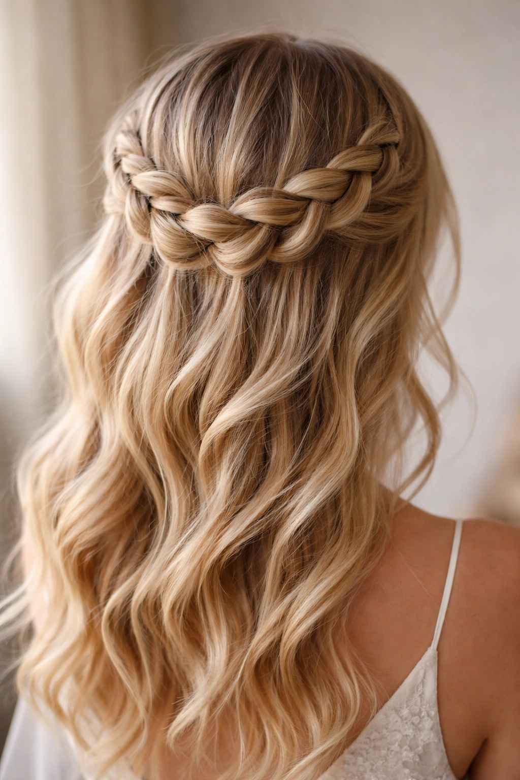 Thick Dutch braid crown on blonde hair